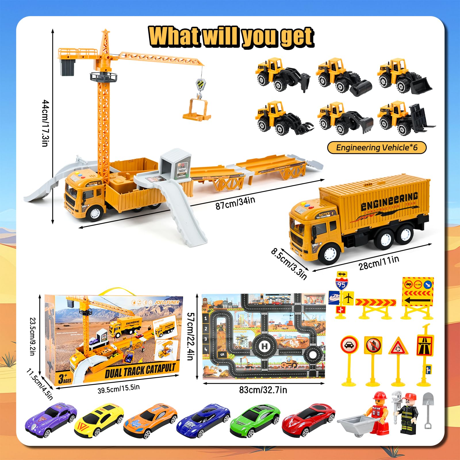 Joellfuner Camion da Cantiere Giocattolo per Bambini, Veicolo Giocattolo da Trasporto con Musica, Luci e Doppia Pista, Camion Carrier Auto Giocattolo Ragazzi con Costruzione Torre Gru per 3+ Anni