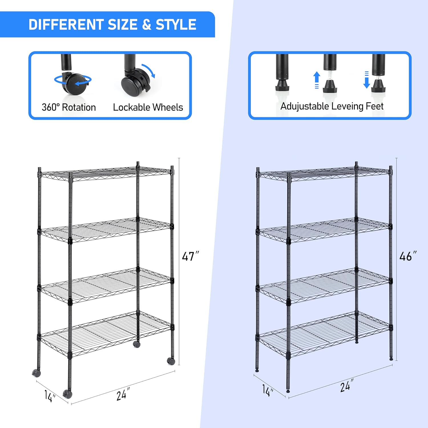 Healsmat Heavy Duty 4-Tier Shelving Units - Adjustable Wire Shelves with 800 lbs Capacity (200 lbs per Shelf), 24" D x 14" W x 47" H, Black, 4 Levels, Storage Shelf with Wheels & Leveling Feet