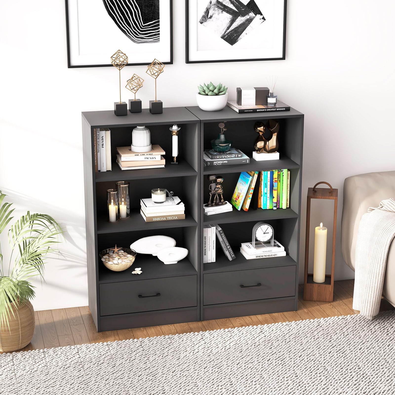 KOMFOTTEU Librería con 3 Estantes y 1 Cajón, Estantería de Almacenamiento con Dispositivo Antivuelco, Mueble Organizador de Madera para Sala de Estar, Estudio, 60 x 38 x 120 cm (Gris)