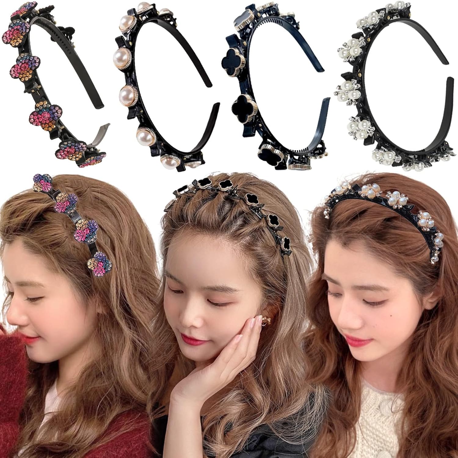 Azonee 4 Pcs Headband with Clips for Girls, Pearl Hair Band for Kids Flowers Hair Hoop Bands Double Layer Hairstyle Braided Hairpin, Hair Styling Accessory for Birthday Party Travel Shopping