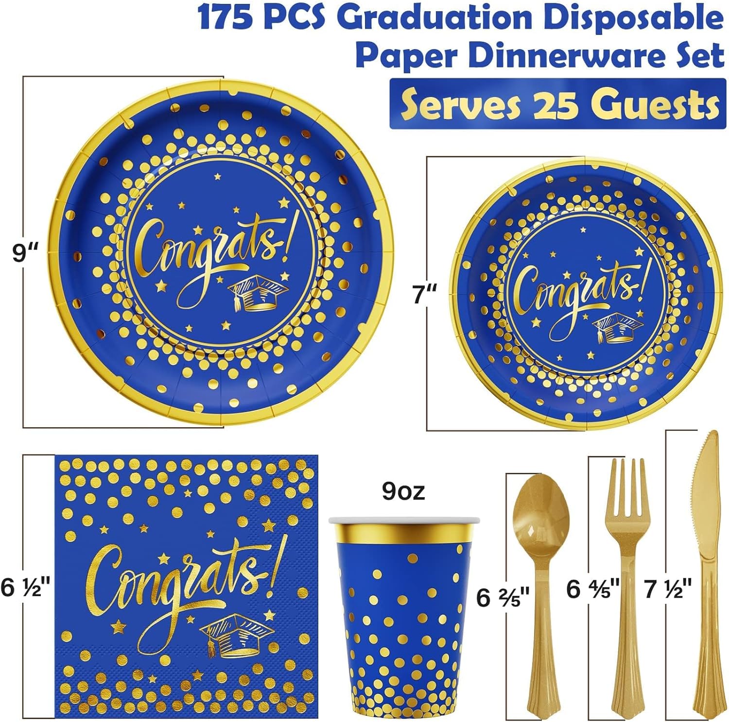 Ecomore Graduation Decorations 2026-175 PCS Blue Gold Disposable Dinnerware Set, Congrats Grad Party Supplies w/Paper Plates Cups Napkins & Plastic Cutlery, Serves 25 for School College Class 2026