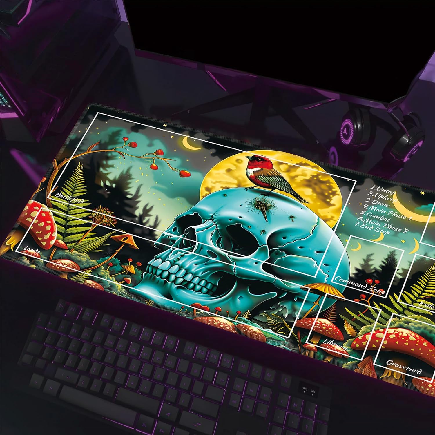 MTG Playmat TCG Ultrapro Playmats with Magic Zones, 28x16 inch Trading Card Game and Anime Enthusiasts, Non-Slip Protects Cards Larger Gaming Area, Multipurpose Artistic Mat(Mushroom Skull)