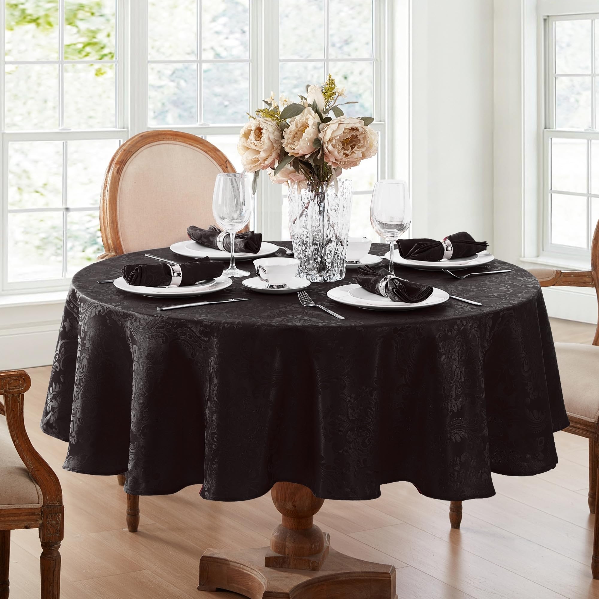 Elrene Damask Tablecloth, Polyester, Black, 70 Inches Round