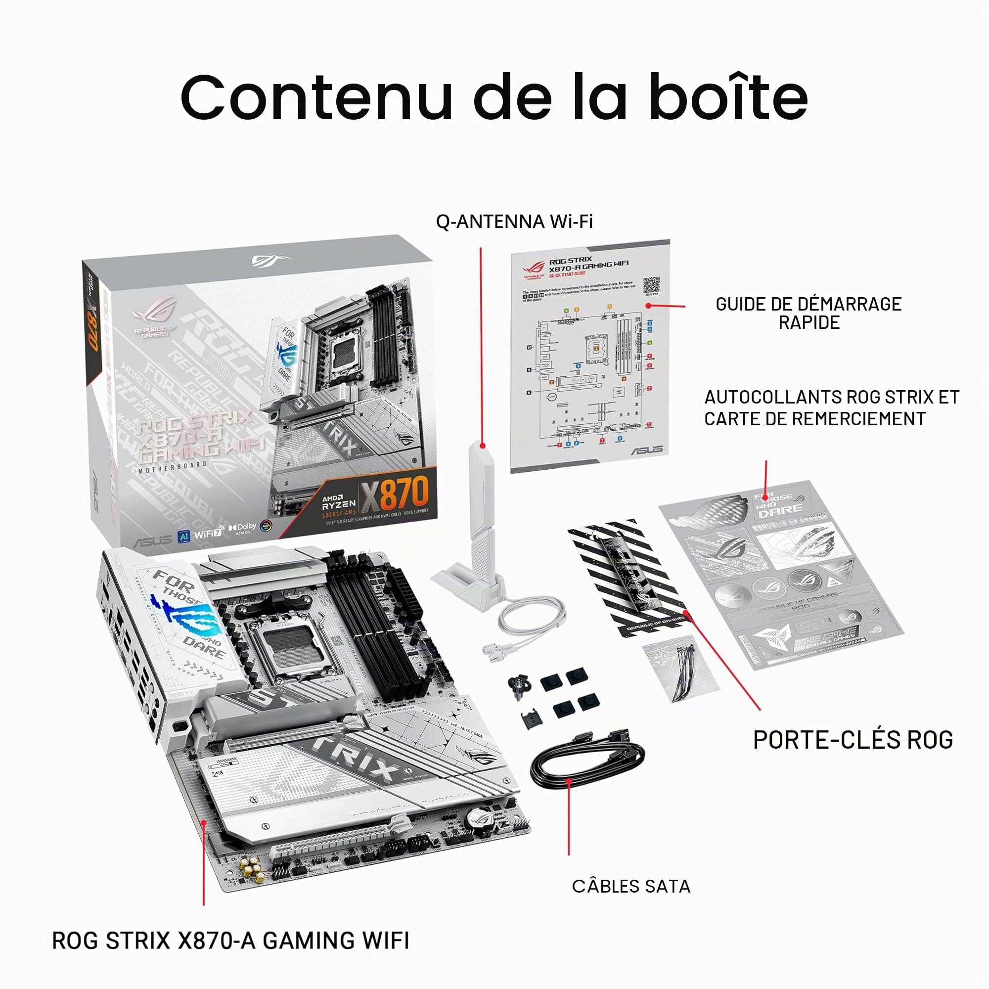 ASUS ROG Strix X870-A Carte mère AMD AM5 X870 ATX 16+2+2 niveaux d'alimentation, commutateur OC dynamique, Core Flex, DDR5 AEMP, WiFi 7, 4X M.2, PCIe® 5.0, Q-Release Slim, USB4®, AI OCing & Networking