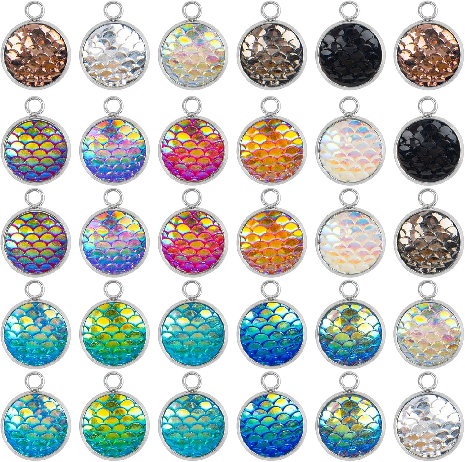 AUEAR 30 Pack Mermaid Fish Scale Resin Pendants - 14mm Flat Round Charms, 15 Colors for DIY Jewelry Crafts Necklaces Bracelets