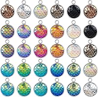 AUEAR 30 Pack Mermaid Fish Scale Resin Pendants - 14mm Flat Round Charms, 15 Colors for DIY Jewelry Crafts Necklaces Bracelets