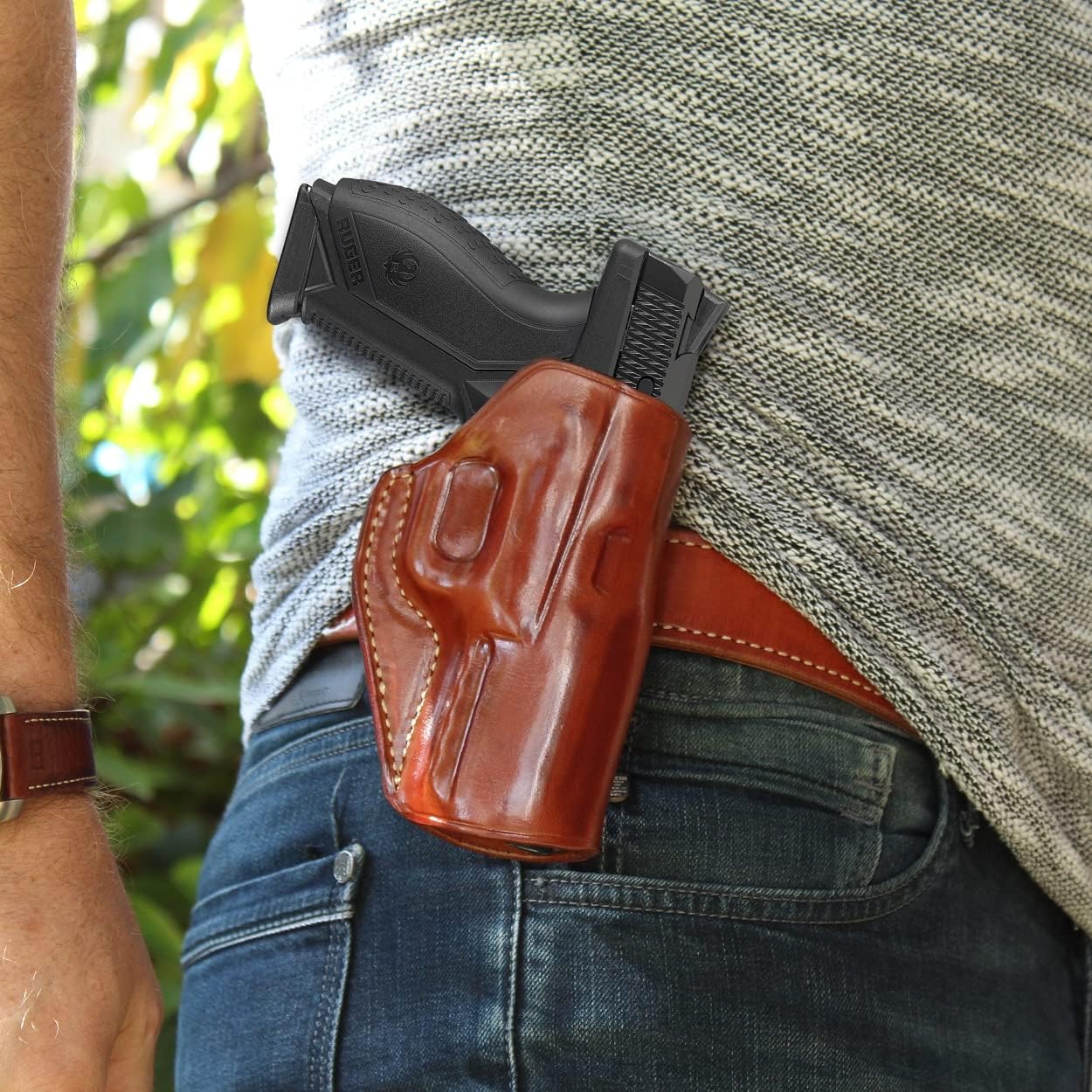 Premium Leather OWB Paddle Holster with Open Top Fits, Walther PDP Compact 9mm 4", Right Hand Draw, Brown Color #1607#