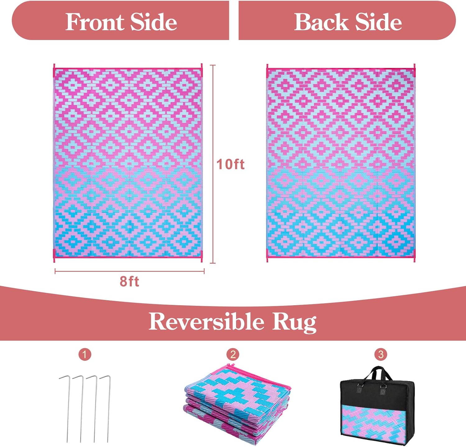 Wonnitar 8x10 Outdoor Rug, Large Waterproof Reversible Plastic Straw Rug for Patios, Indoor/Outdoor Area Rug Lightweight Camping Rug for Outside RV Balcony Garden Deck, Blue/Purple