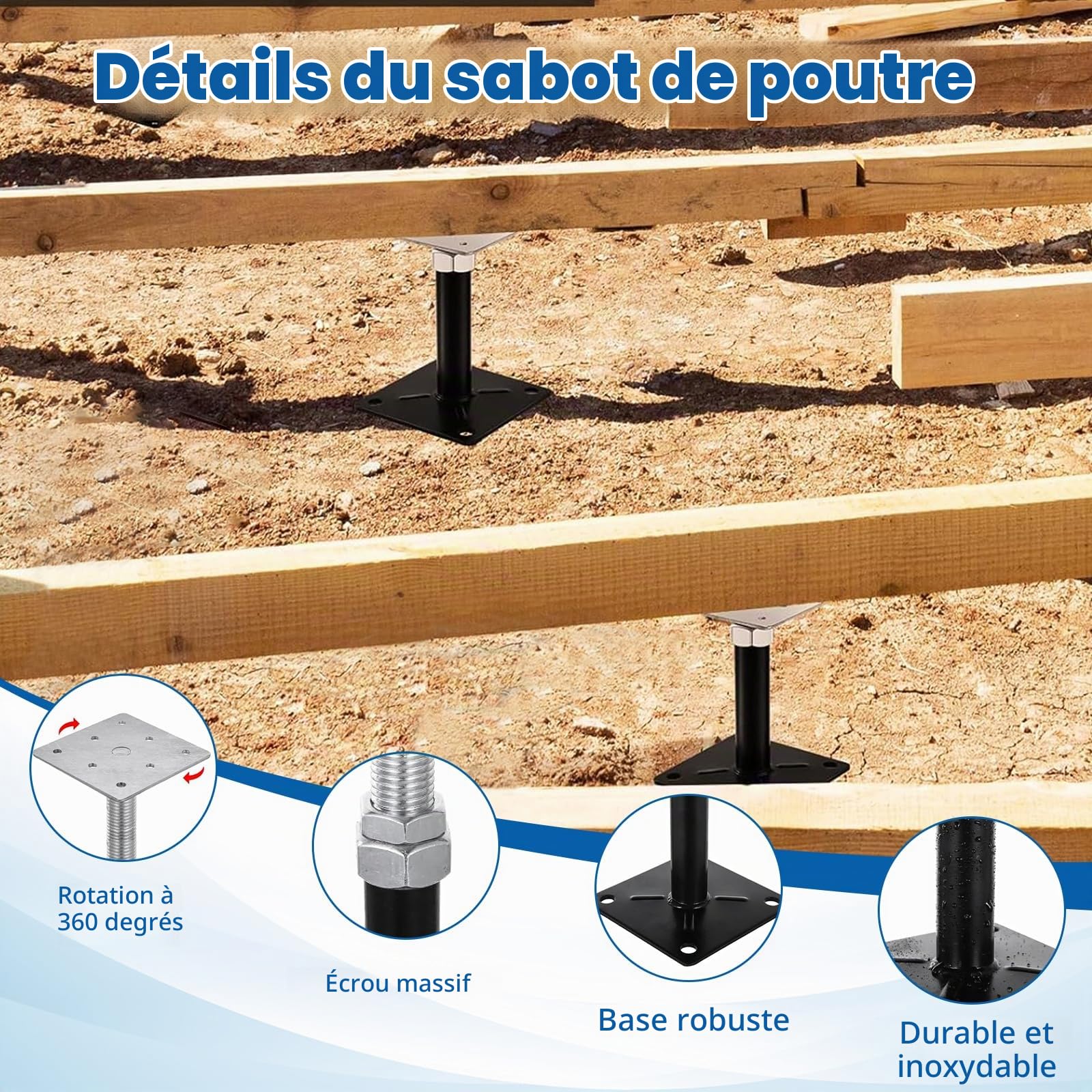 Lot de 4 supports de poteau - 100 x 100 mm - Hauteur réglable : 130 à 200 mm - Support de poteau réglable - Galvanisé à visser - Pied de support - Pied de support - Pied de sol en béton