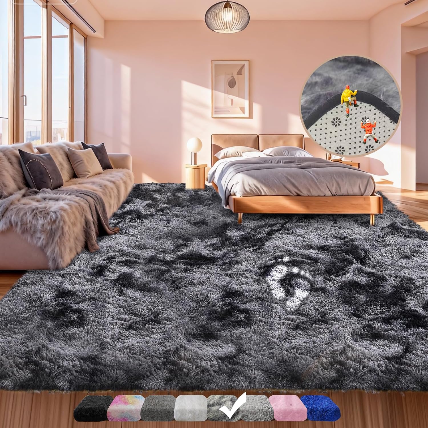 Shag Area Rugs 4x6 Feet, Tie-Dyed Plush Fuzzy Rug for Living Room, Ultra Soft Fluffy Furry Rugs for Bedroom, Indoor Floor Shag Carpet Nursery Rugs for Kids Room Home Decor, Black Grey