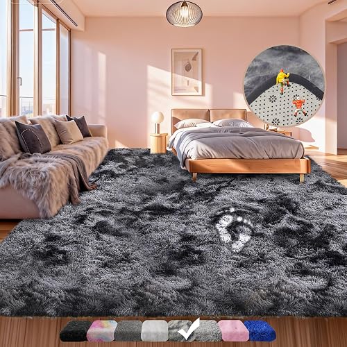 Large Shag Area Rugs 5x7 Feet, Tie-Dyed Plush Fuzzy Rug for Living Room, Ultra Soft Fluffy Furry Rugs for Bedroom, Indoor Big Carpet Nursery Rugs for Kids Room Home Decor, Black Grey