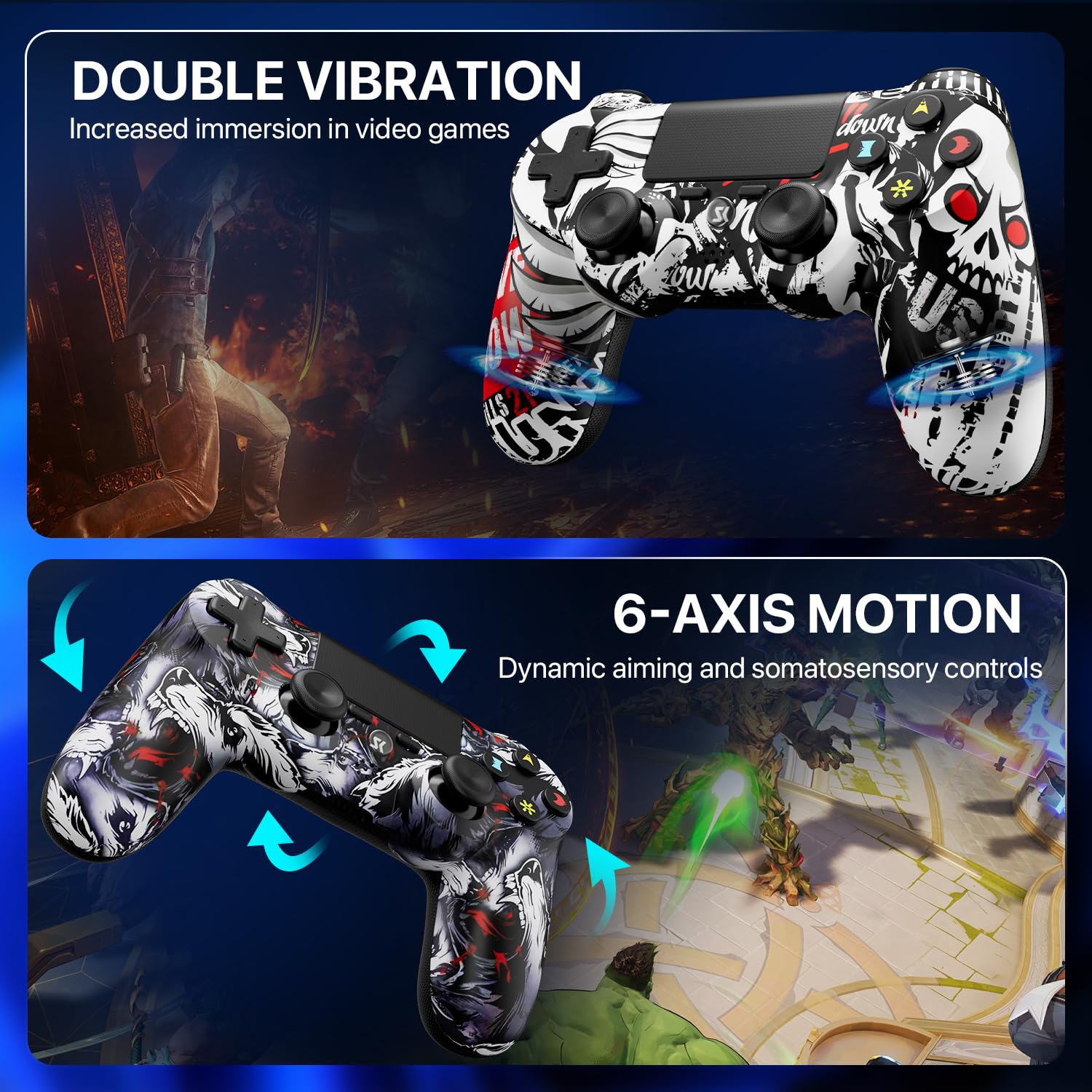 ISHAKO Controller for PS4/Pro/Slim/PC, 2 Pack(Wolf Tooth White&Skull White) | Wireless Controller with Double Vibration, 6-Axis Motion Control, 800mAh Battery, 3.5mm Headphone Jack