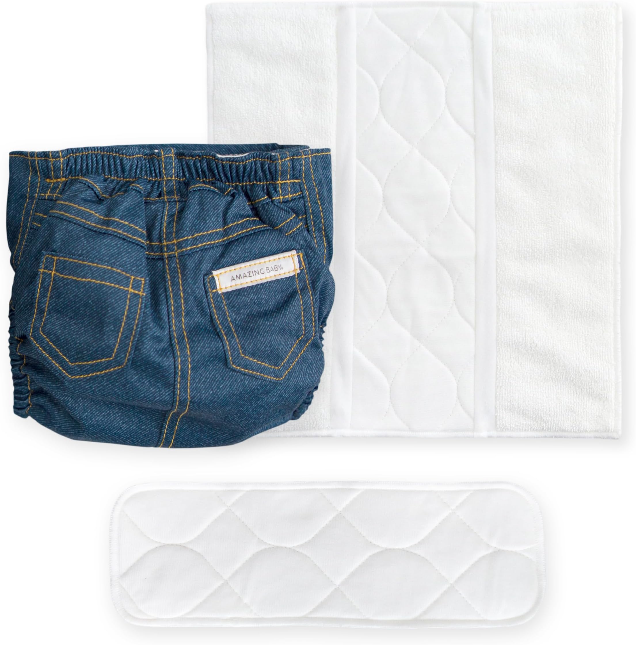 Amazing Baby Hybrid Cloth Diaper Cover/Swim Diaper, Small, Sz 2 (8-15 lbs), Use Boosties Disposable or Reusable Inserts, Blue Jean, SmartNappy Set: Cover + Tri-Fold + Booster Pad