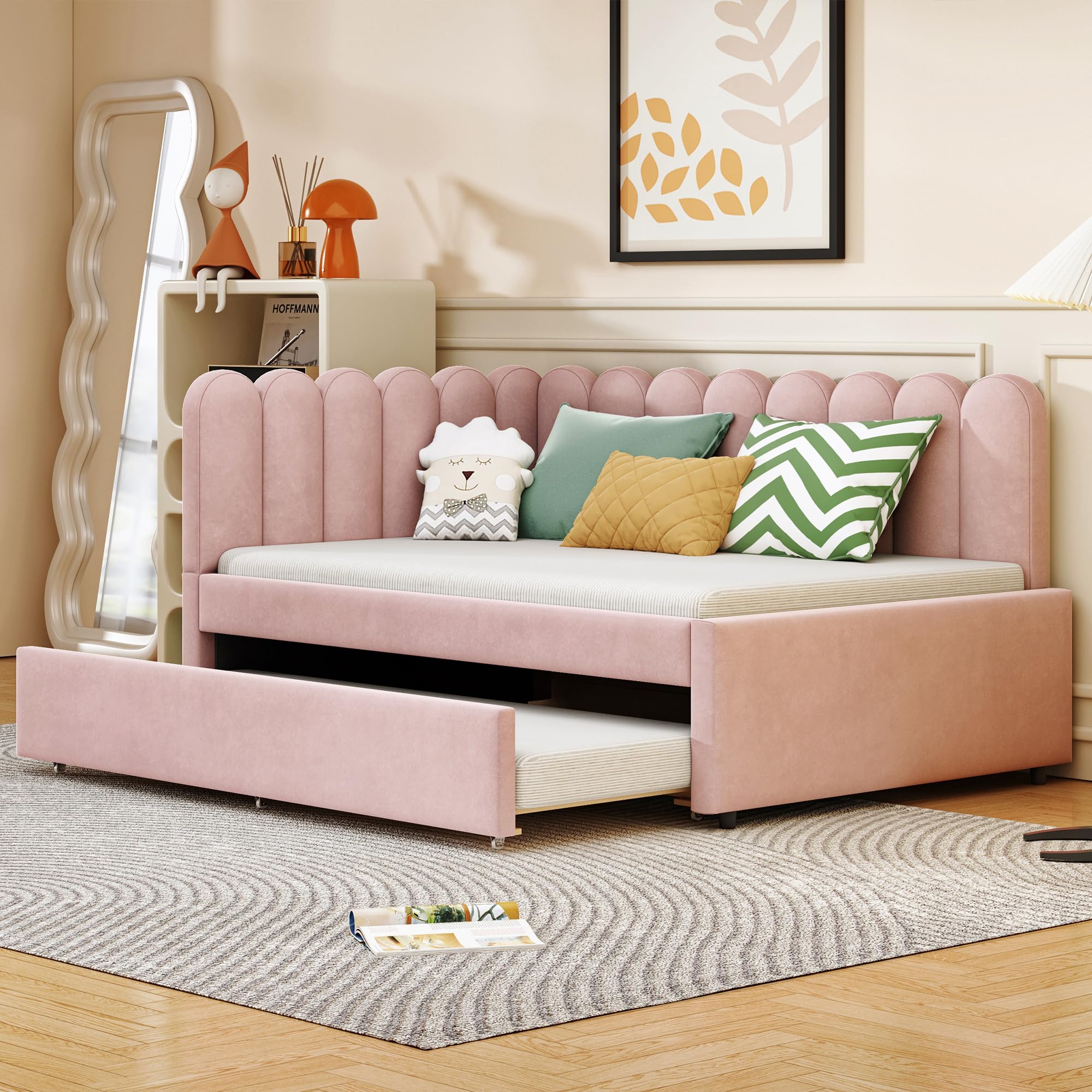 Kebnor Letto imbottito a forma di L, divano letto 140 x 200 cm, con schienale floreale e letto estraibile in tessuto di velluto (rosa, 140 x 200 cm)