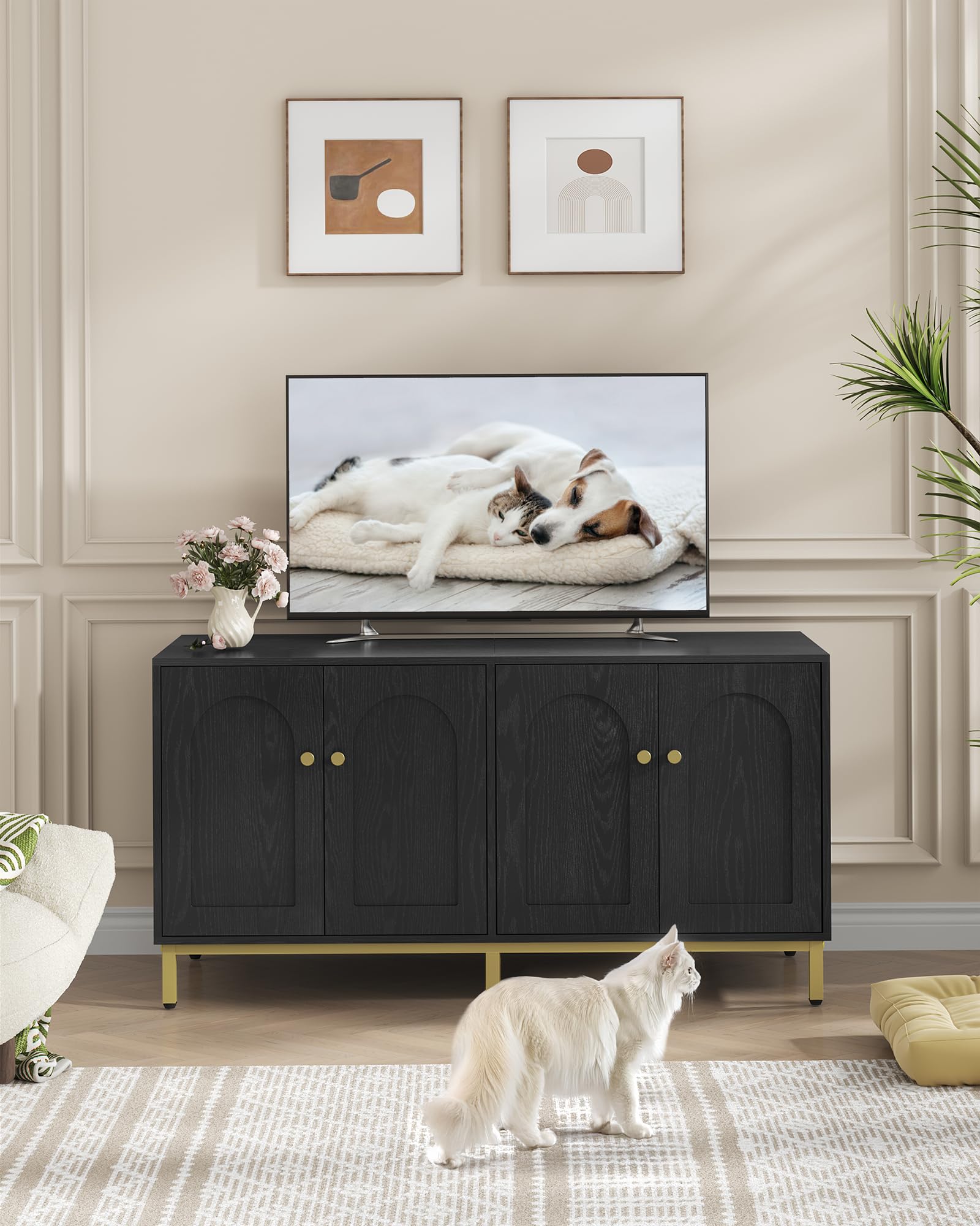 Hzuaneri Maison de Toilette Chat pour 2 Chats, Meuble de Litière Caché de 119cm, Banc de Rangement, Convient à la Plupart des Litières por, Noir et Or CB82304A