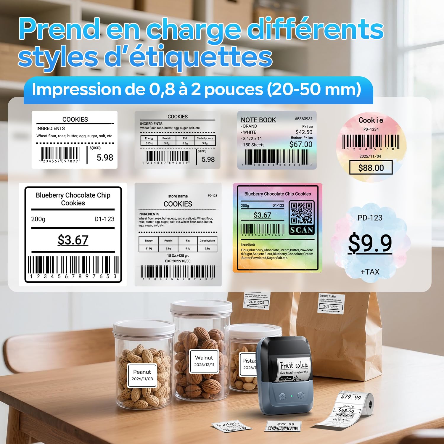Memoking Imprimante d'étiquettes Bluetooth, portable, autocollante, avec 2000 symboles et 300 modèles, pour le commerce de détail, les petites entreprises, le bureau et la maison