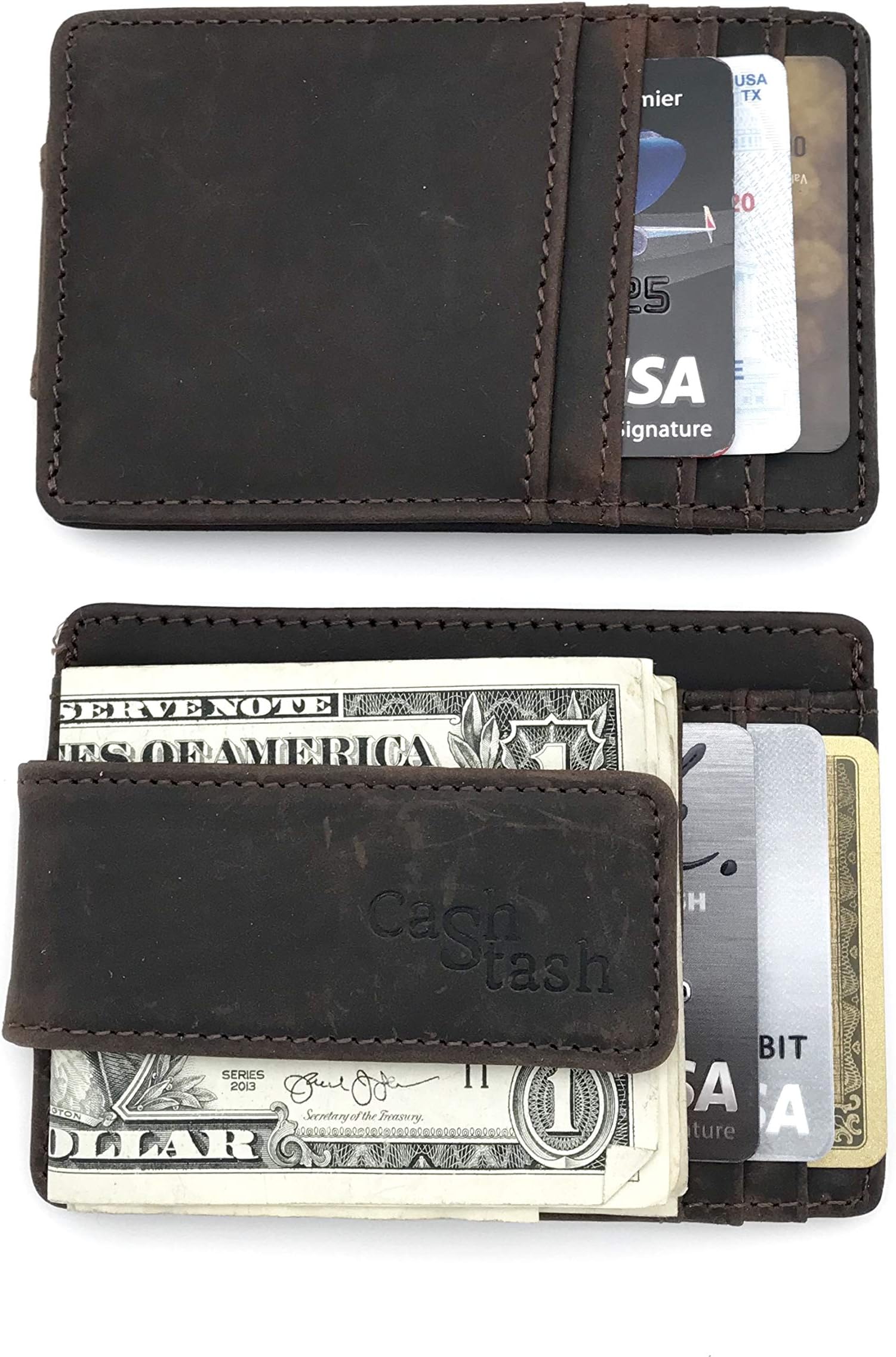 Cash Stash Genuine Leather Front Front Pocket Money Clip Slim Minimalist Wallet with RARE EARTH Magnets Plus RFID Blocking Theft Protection (Tabacco Brown, No Window)