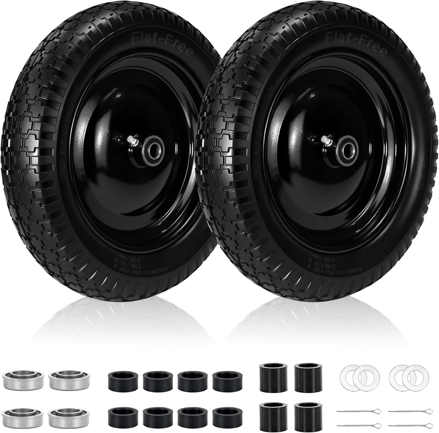 4 PCS, 13" wheelbarrow wheels 4.00-6 Flat Free Tire and Wheel with 5/8" & Extra 3/4" Bearings, Adjustable 1.8"-5.8" Centered Hub, Compatible with Gorilla Cart Wheels, Wheelbarrows, Garden Carts, Black