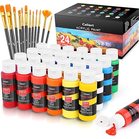 Caliart Acrylic Paint Set with 12 Brushes, 24 Classic Colors (59ml, 2oz) Art Craft Paints for Artists Kids Students Beginners, Canvas Ceramic Wood Fabric Christmas Decorations Rock Painting Supplies