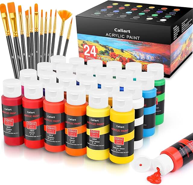 Caliart Acrylic Paint Set With 12 Brushes, 24 Colors (59ml, 2oz) Art Craft Paints for Artists Kids Students Beginners & Pa...