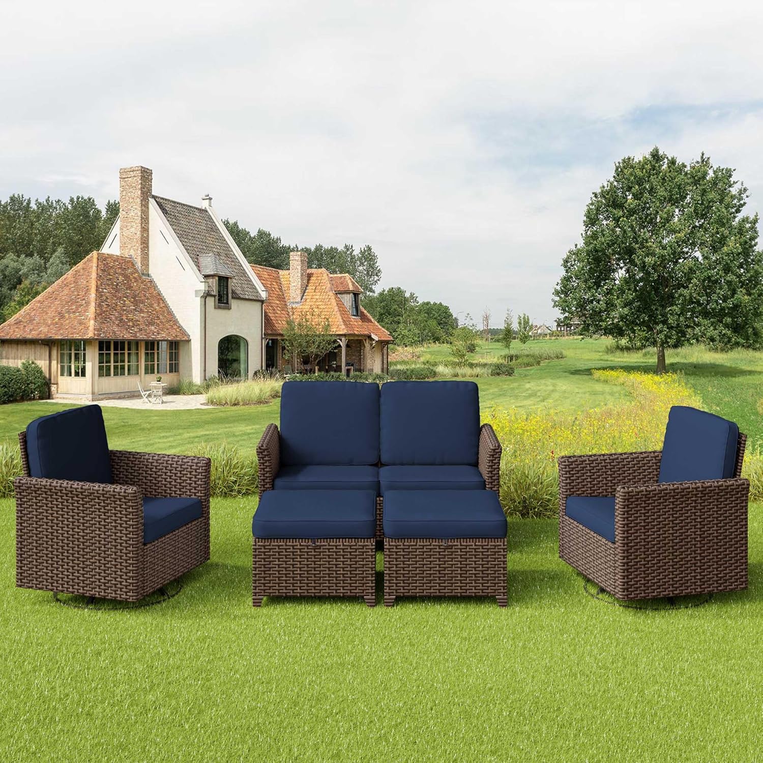 5-Piece Patio Furniture Set, PE Wicker Loveseat with 2 High Back Swivel Chairs & 2 Ottomans, All-Weather Rattan Furniture with Waterproof Cushions for Deck, Garden, Porch