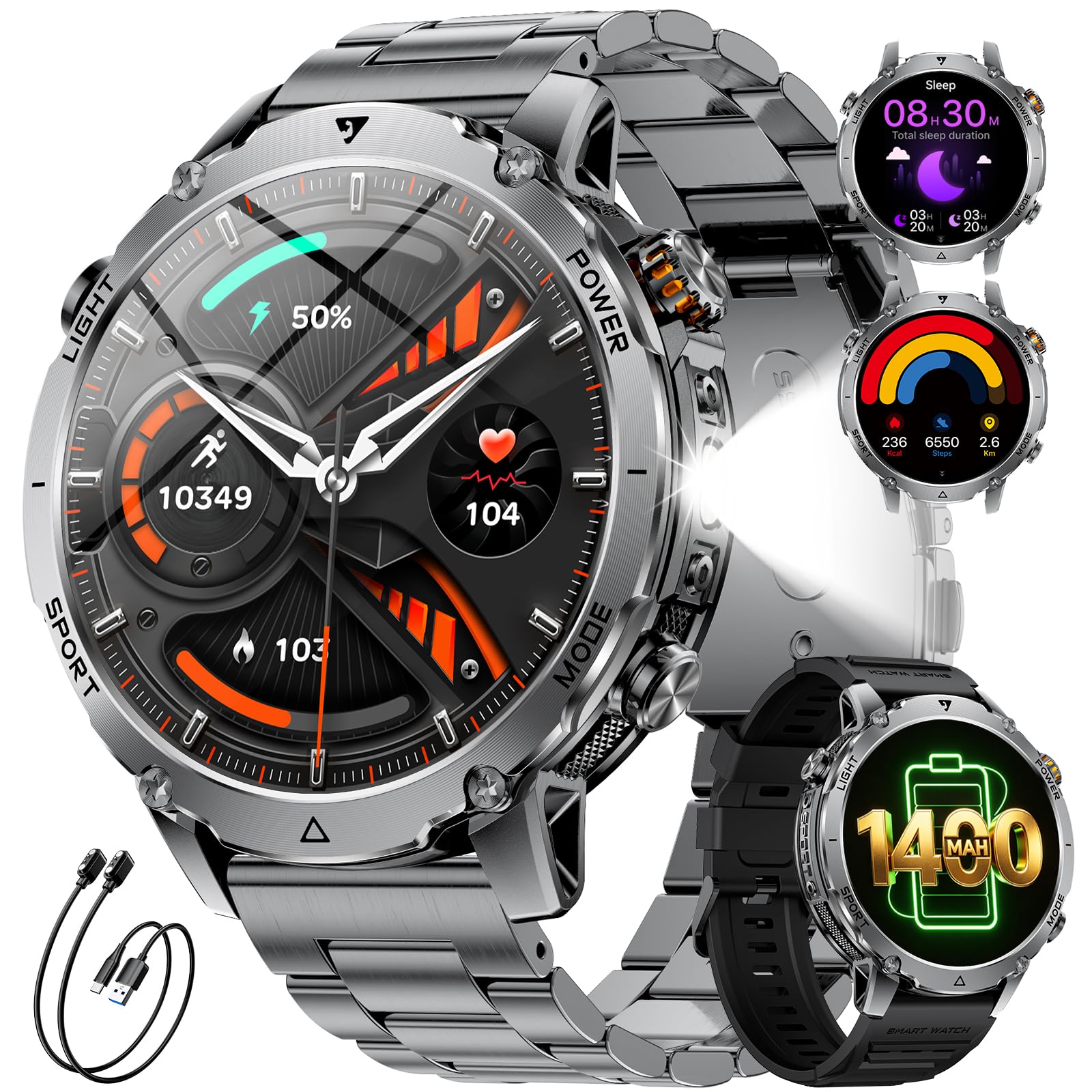 SUNKTA 1400mAh Akku Smartwatch Herren, 1.7 HD Militär Smart Watch mit Telefonfunktion, 110+ Sportmodi, IP68 Fitnessuhr, Herzfrequenz/Schlafmonitor, LED Taschenlampe, Sportuhr für Android iOS, Grau