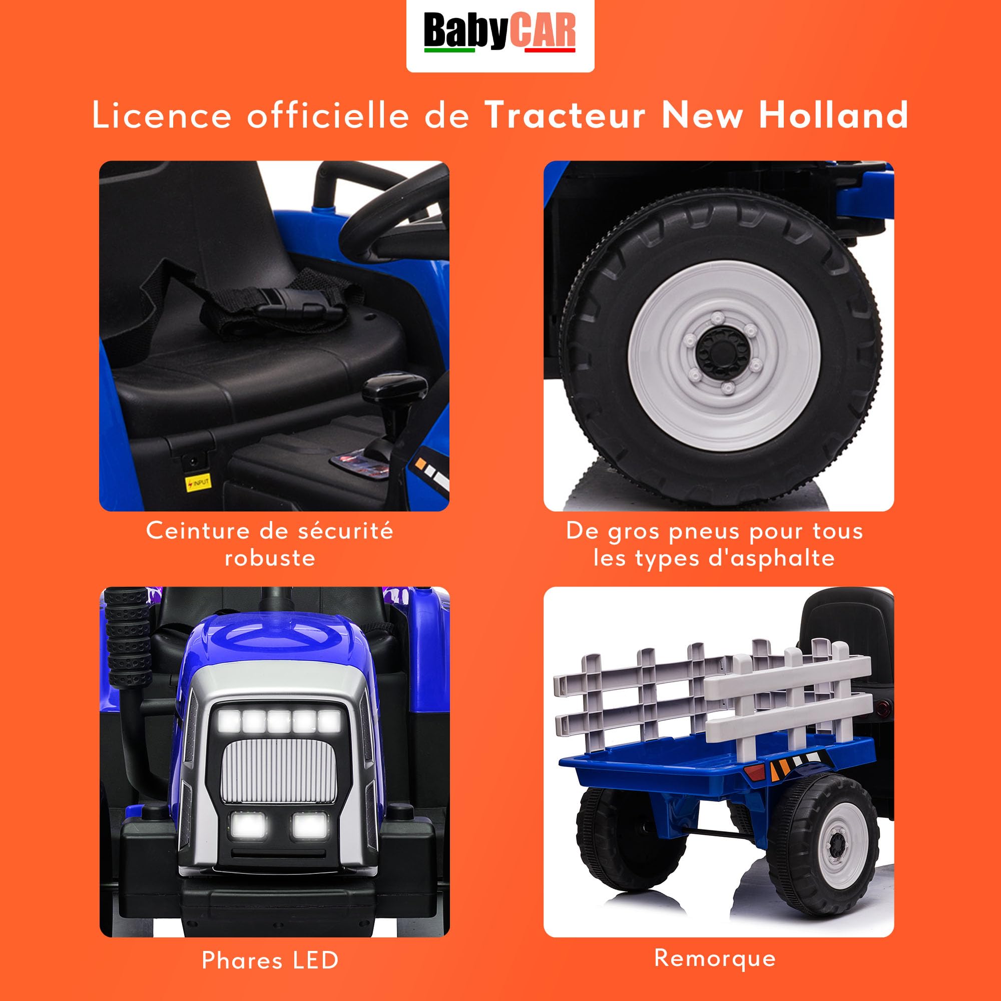Tracteur Electrique Enfant avec remorque New Holland 12V de Babycar - Jouet Tracteur Electrique Enfant avec MP3 Licence Officielle et télécommande (Bleu)
