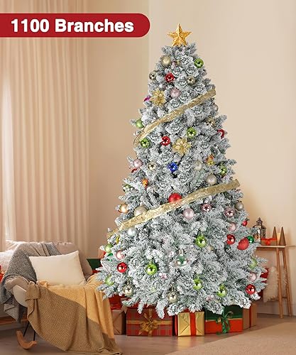 Miniatura 2 de BROVIEW Árbol de Navidad flocado de 6.5 pies, árboles de Navidad artificiales predecorados con 1100 puntas de rama, 58 bayas, soporte plegable de