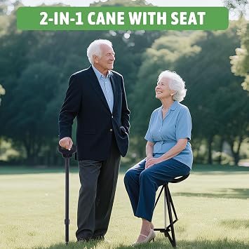 ALEVMOOM Walking Cane with Seat Folding Lightweight, 2-in-1 Cane Stool for Adults, Aluminum Walking Stick with Seat with Carry Bag