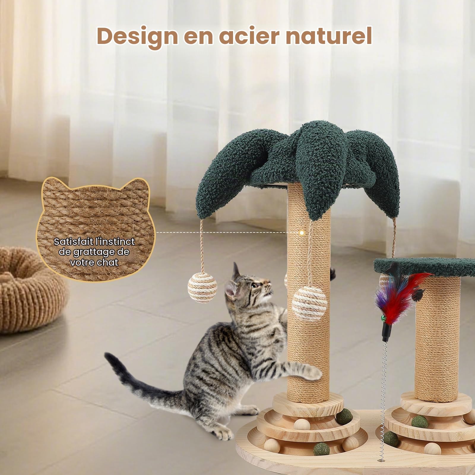 Jouet Interactif Pour Chat 6-en-1 Avec Boule Rotative, Plumes, Sisal Et Jute Arbre à Chat, Griffoir Et Jouets Pour Petits Et Moyens Chats, Meuble à Griffer, Jouet En Bois Griffoir Cylindre Avec Plumes