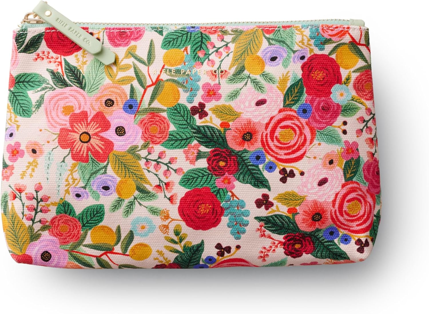 RIFLE PAPER CO. Clutch, Small Pocket for a Credit Card or ID, Gold Zipper and Hardware, Printed in Full Color with Foil Stamped Logo, 9.75" L × 7" W