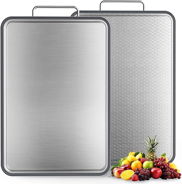Double-Sided Stainless Steel Cutting Board for Kitchen, 16''×11'' Scratch-Resistant Cutting Board for Meat, Vegetables & Fruits, Rust-Resistant Chopping Board with Juice Groove on Both Sides