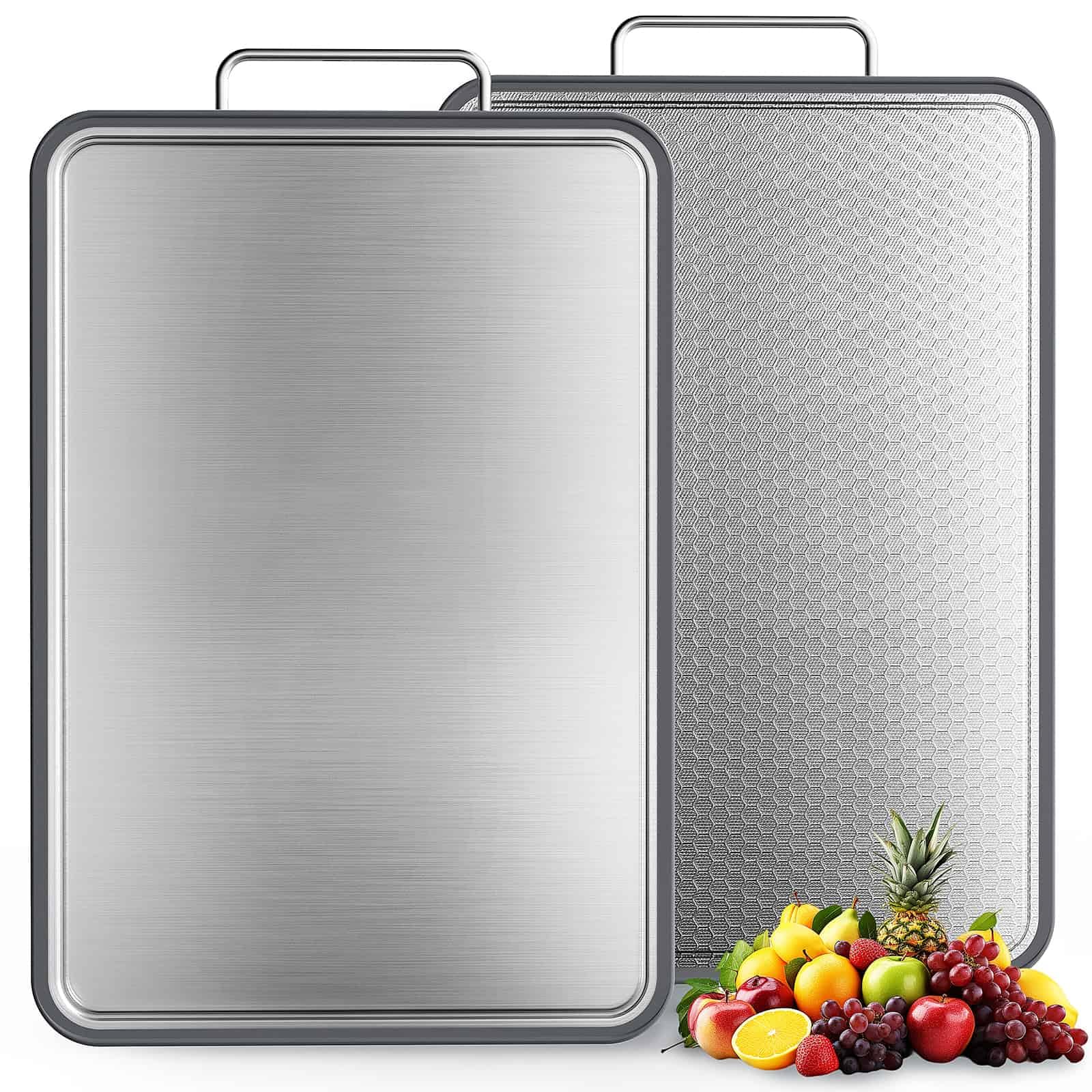 INZOO Double-Sided Stainless Steel Cutting Board for Kitchen, 16''×11'' Scratch-Resistant Cutting Board for Meat, Vegetables & Fruits, Rust-Resistant Chopping Board with Juice Groove on Both Sides