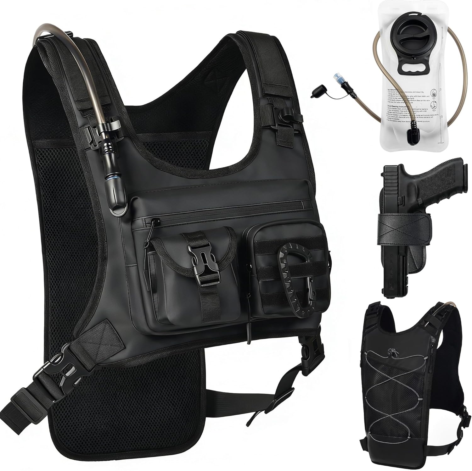 Hydration Running Vest Backpack with 2L Water Bladder - Lightweight & Reflective Chest Pack, Includes Tactical Gun Holster & Free Carabiner for Hiking, Running, Cycling, Marathon (Men & Women)