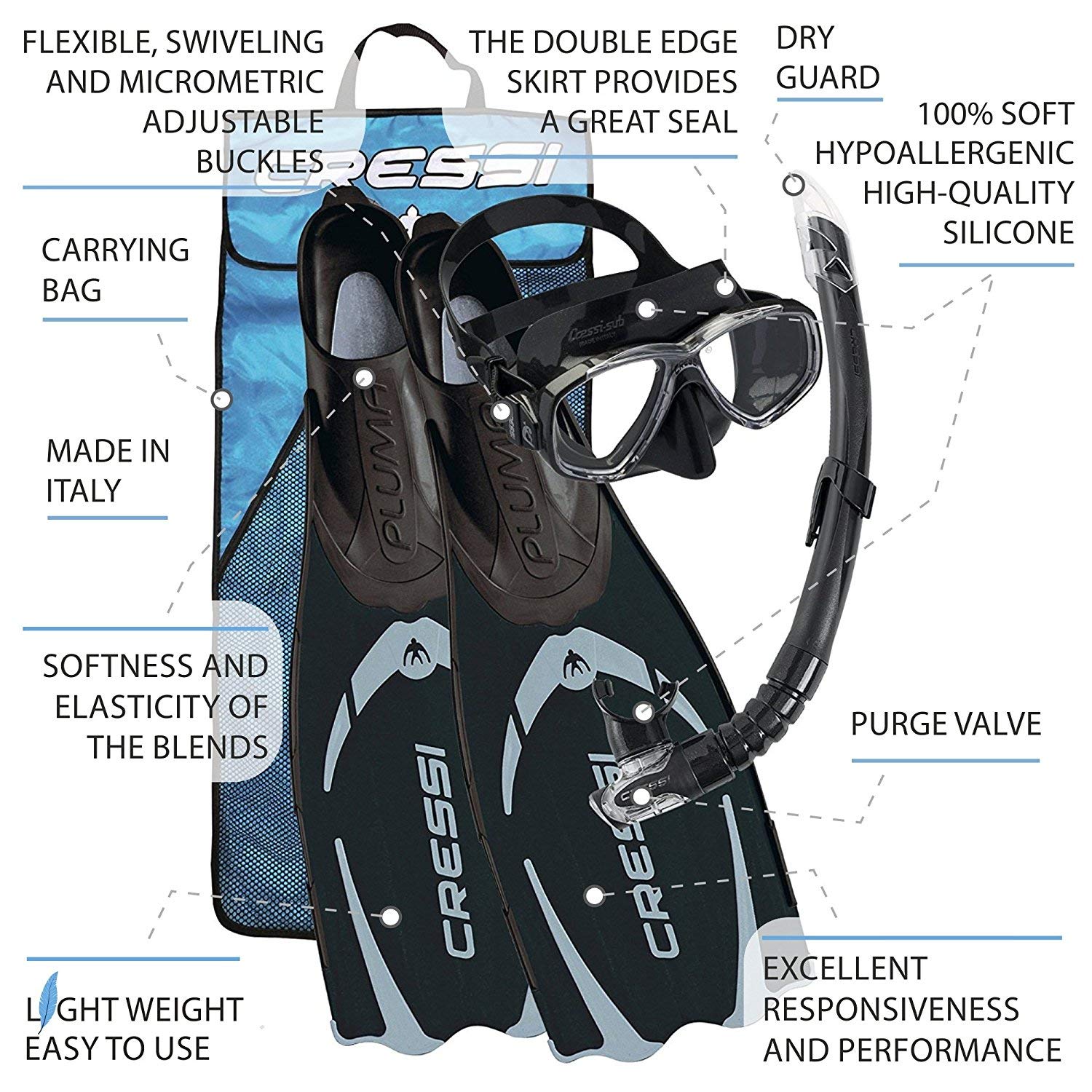 Cressi Pluma/Pluma Bag - Premium Flossen Set, Schwarz/Silber - Schnorchel Set, 41/42 & Unisex-Erwachsene Onda Mare Schnorchelset Tauchset Taucherbrille, Schwarz, Einheitsgröße