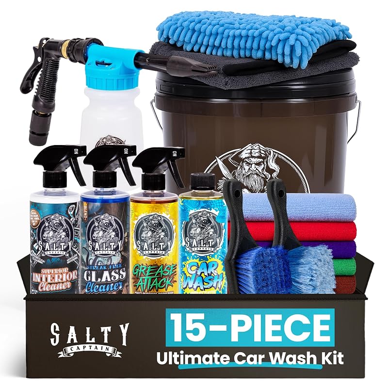 Kit de limpeza automotiva SALTY CAPTAIN com Foam Blaster, balde de 15 L, luva, toalhas e escovas, 15 peças