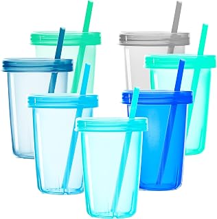 Youngever 7 Sets Plastic Kids Cups with Lids and Straws, 7 Reusable Toddler Cups with Straws in 7 Coastal Colors