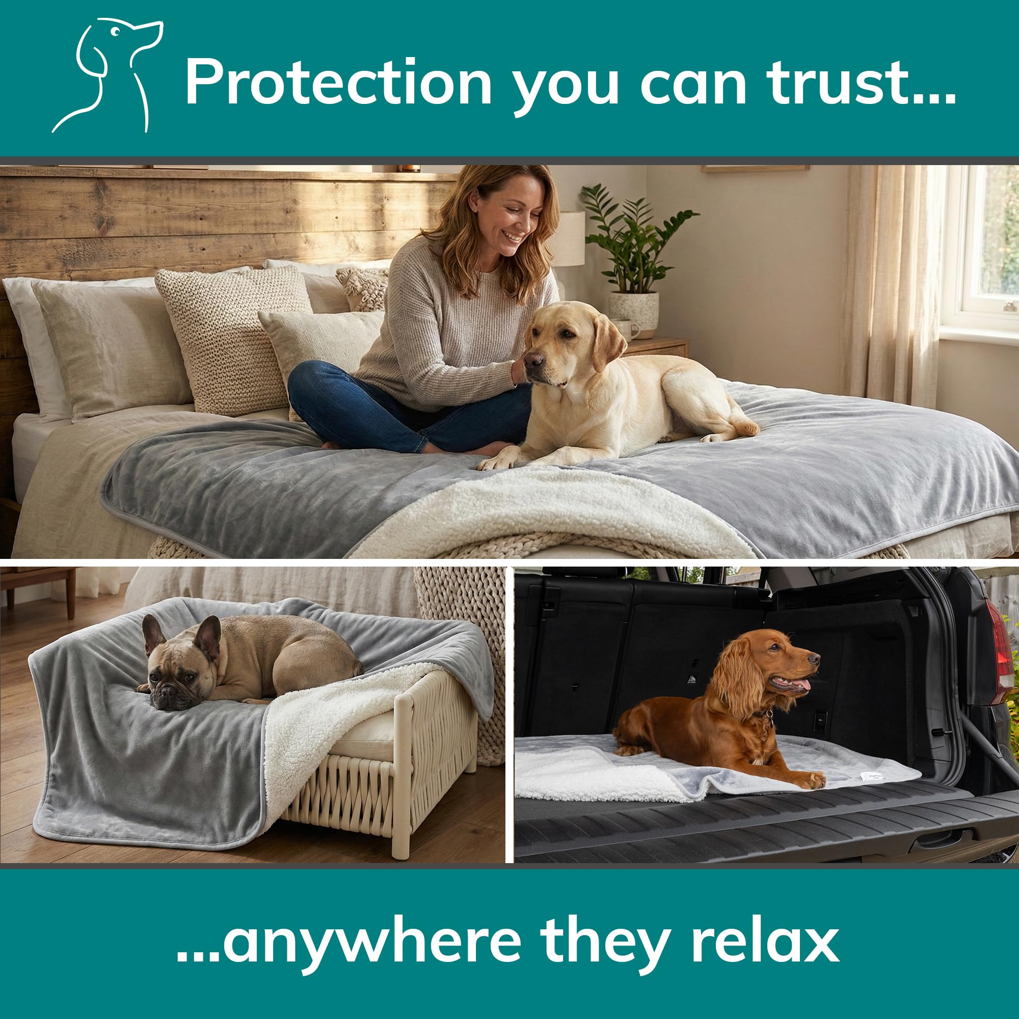 Manta impermeable lavable para perro, manta XXL a prueba de fugas para cama, sofá modular y grande, reversible, microfibra gris oscuro y forro polar sherpa gris, 60 x 79 pulgadas.