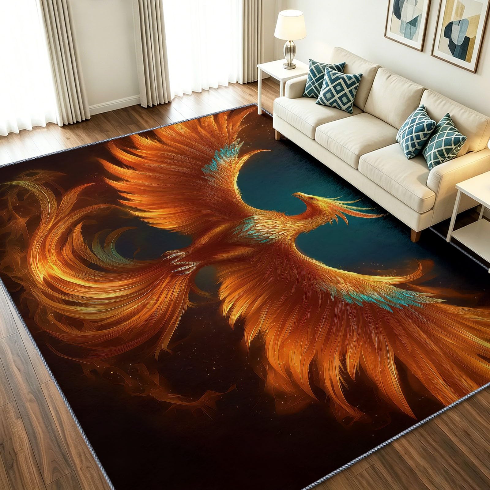 Tapis large noir 120 x 180 cm lavable avec motif phénix dessin animé pour salon