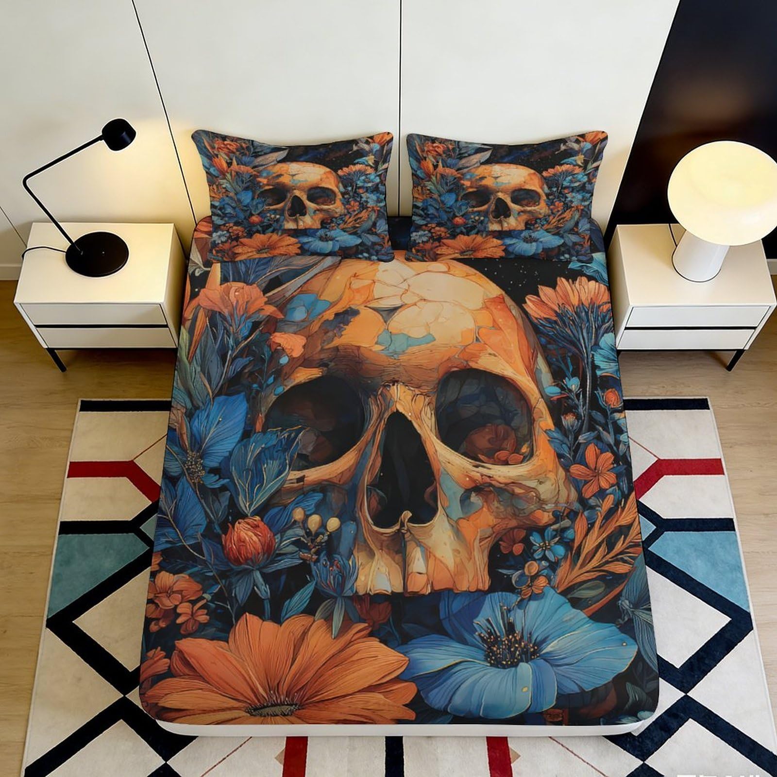 3D Printed Skull Floral Fitted Sheet Microfiber Non-Slip Deep Pocket Skull Mattress Fitted Cover Bedroom Adult 140x200x25cm