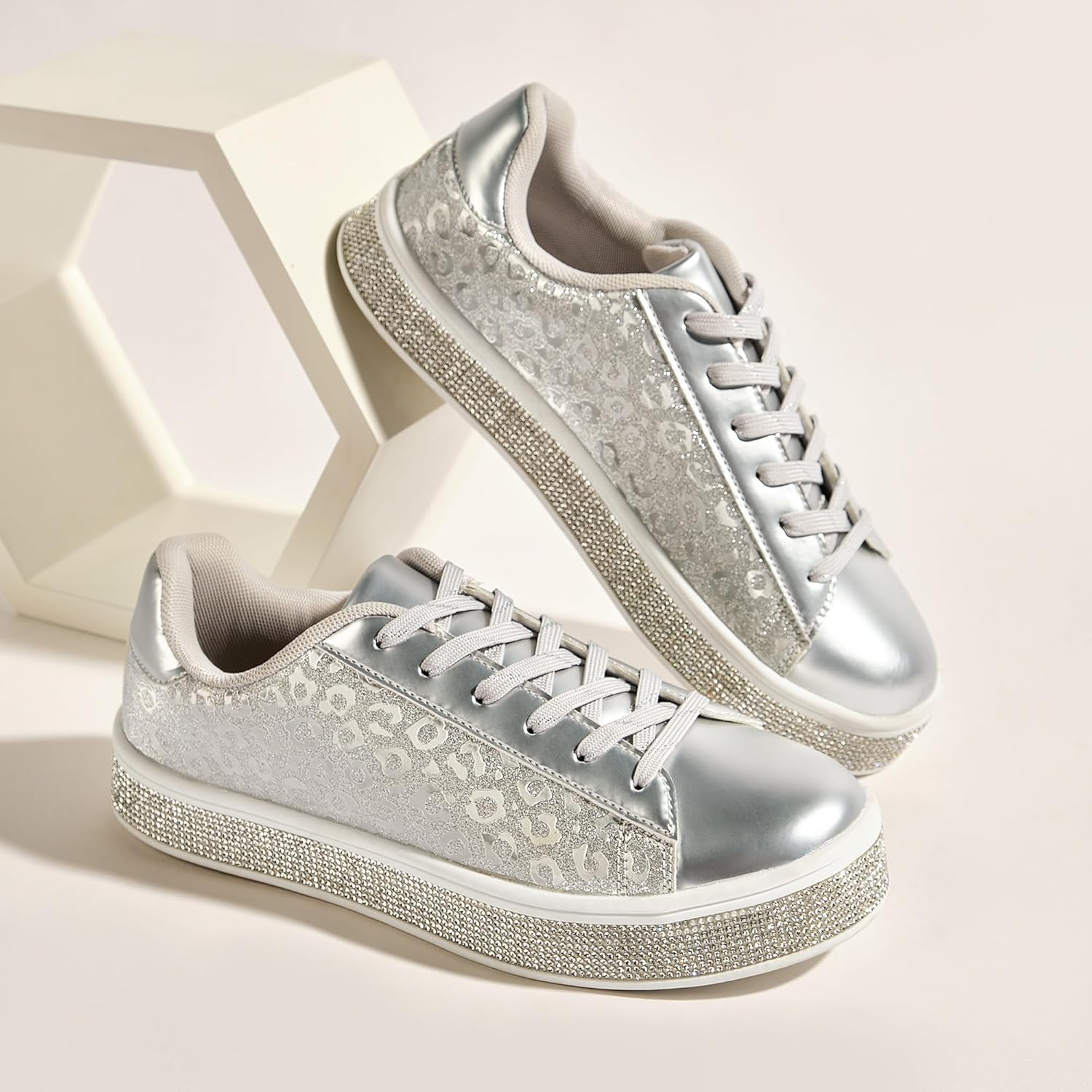 UUBARIS Women's Glitter Tennis Sneakers Neon Dressy Sparkly Sneakers Rhinestone Bling Wedding Bridal Shoes Shiny Sequin Shoes - Image 4