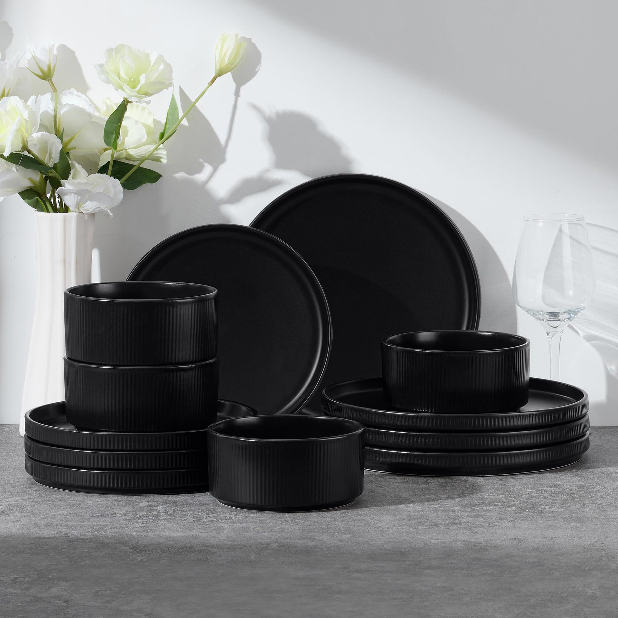 E-far 12-Piece Plates and Bowls Sets, Stoneware Dinnerware Dishes Sets for 4, Kitchen Modern Dining Dishware, Chip &amp; Scratch Resistant, Microwave &amp; Dishwasher Safe, Matte Black