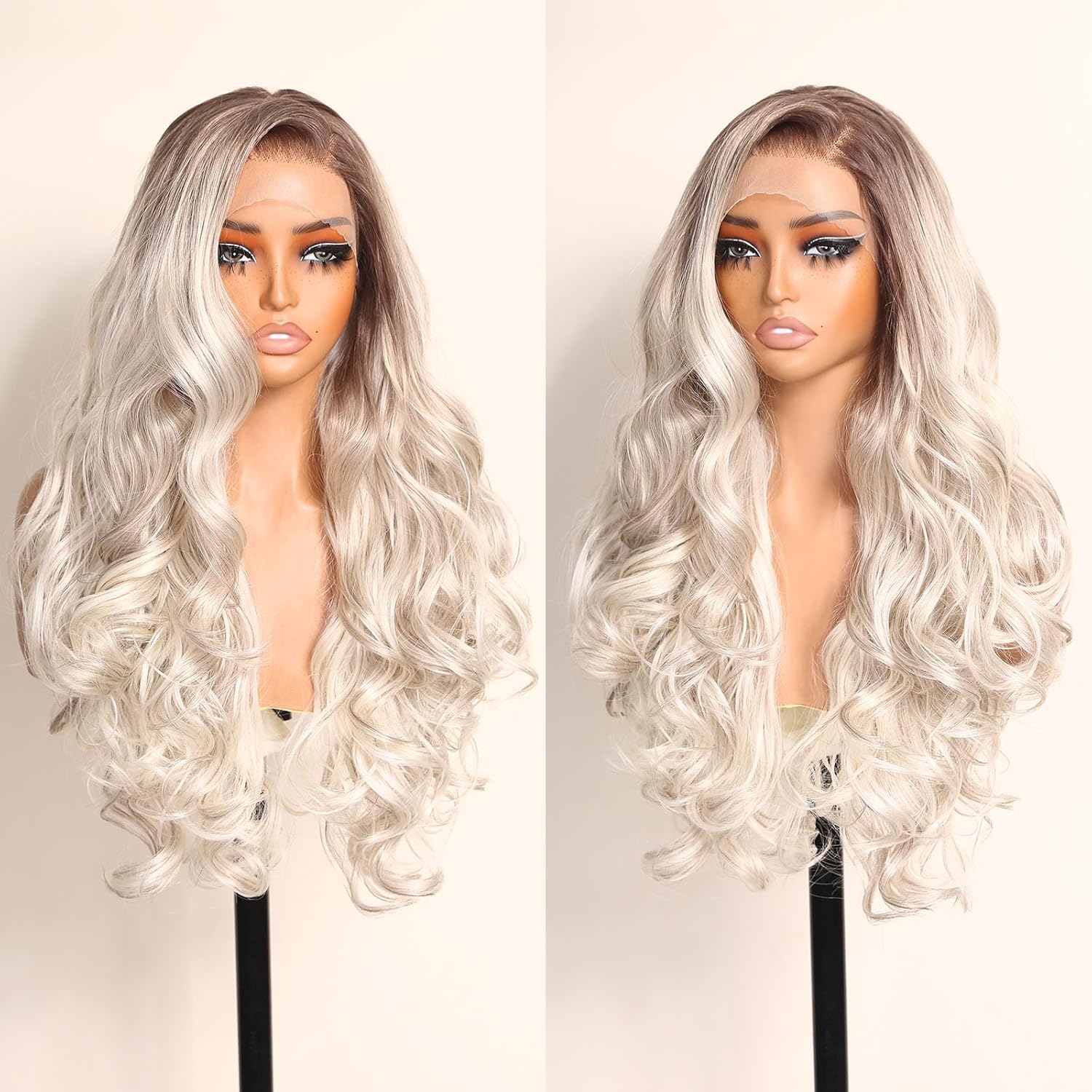 X-TRESS Light Platinum 13x6 HD Lace Front Free Part Synthetic Wig Glueless Pre Plucked Body Wavy 26 Inch Ready to Wear Brown Mixed White Wigs for Black Women