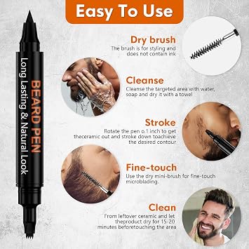 3-Pack Beard Pen Filler for Men, Waterproof & Sweat Proof | Long-Lasting Beard Pen Kit with 2 Fillers & 1 Double-Headed Brush Black&Brown