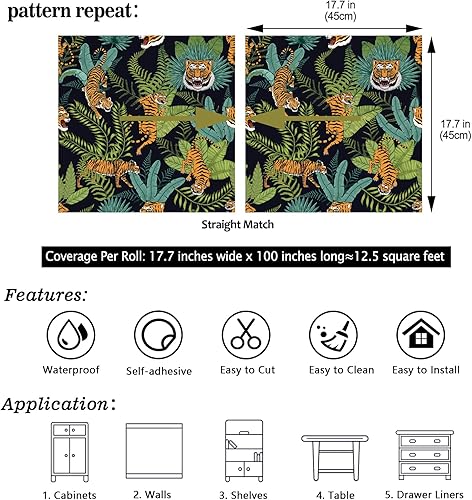 Miniatura 9 de CHIHUT Papel tapiz autoadhesivo de 17.7 x 236 pulgadas, estampado de animales de la selva, papel de contacto extraíble con hojas de palmera de