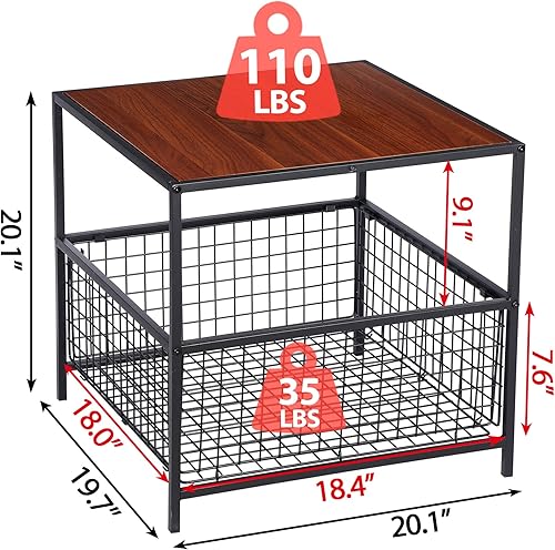 Miniatura 3 de SUPER DEAL Juego de 2 mesas auxiliares cuadradas de 20 pulgadas con cesta de torage marco de metal negro grano de madera de caoba roja