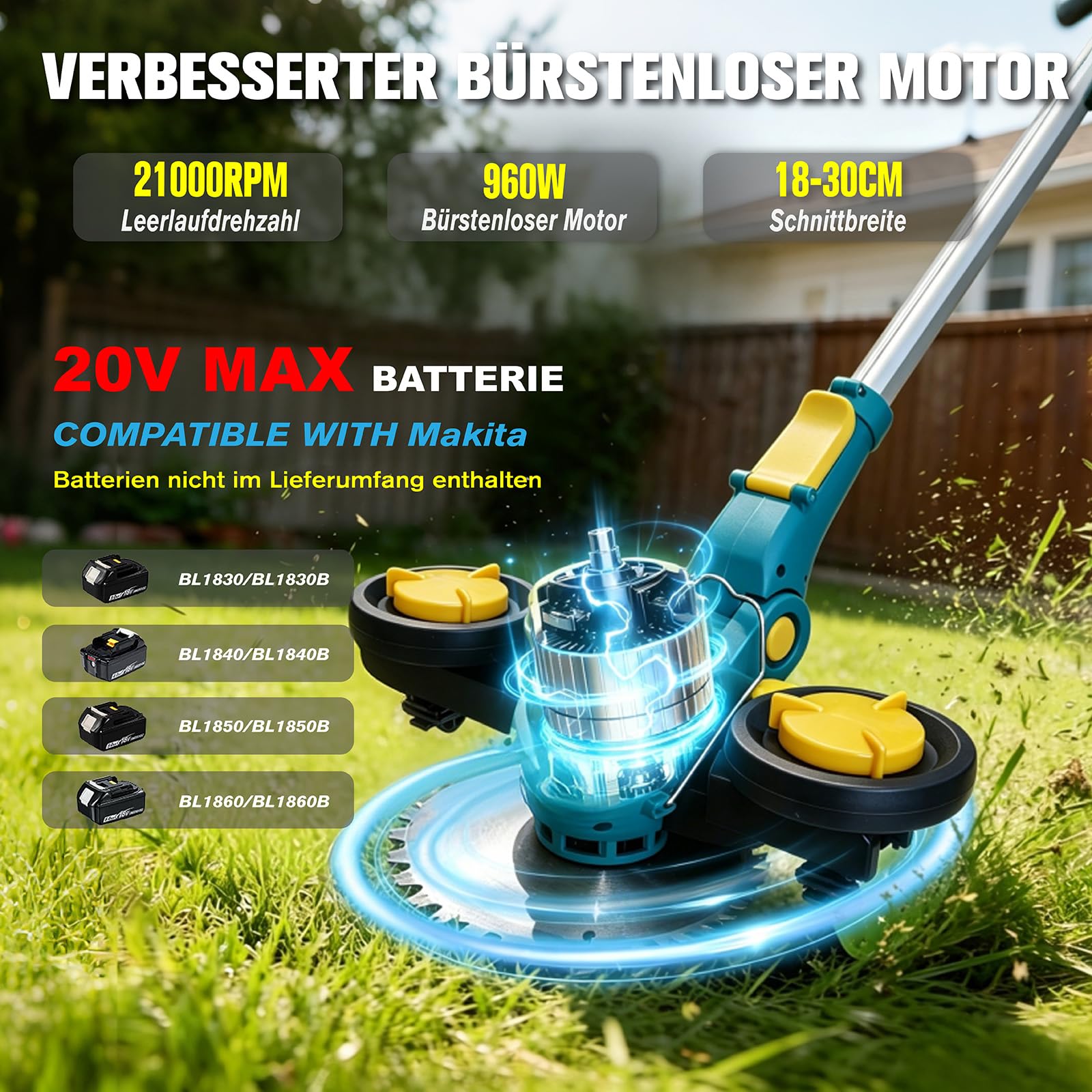 Akku Rasentrimmer für Makita Akkus mit 5 verschiedenen Messertypen | Bürstenloser Elektro Rasenkantenschneider mit Rädern Akku-Motorsense für Garten und Rasen Trimmen (Ohne Akku)