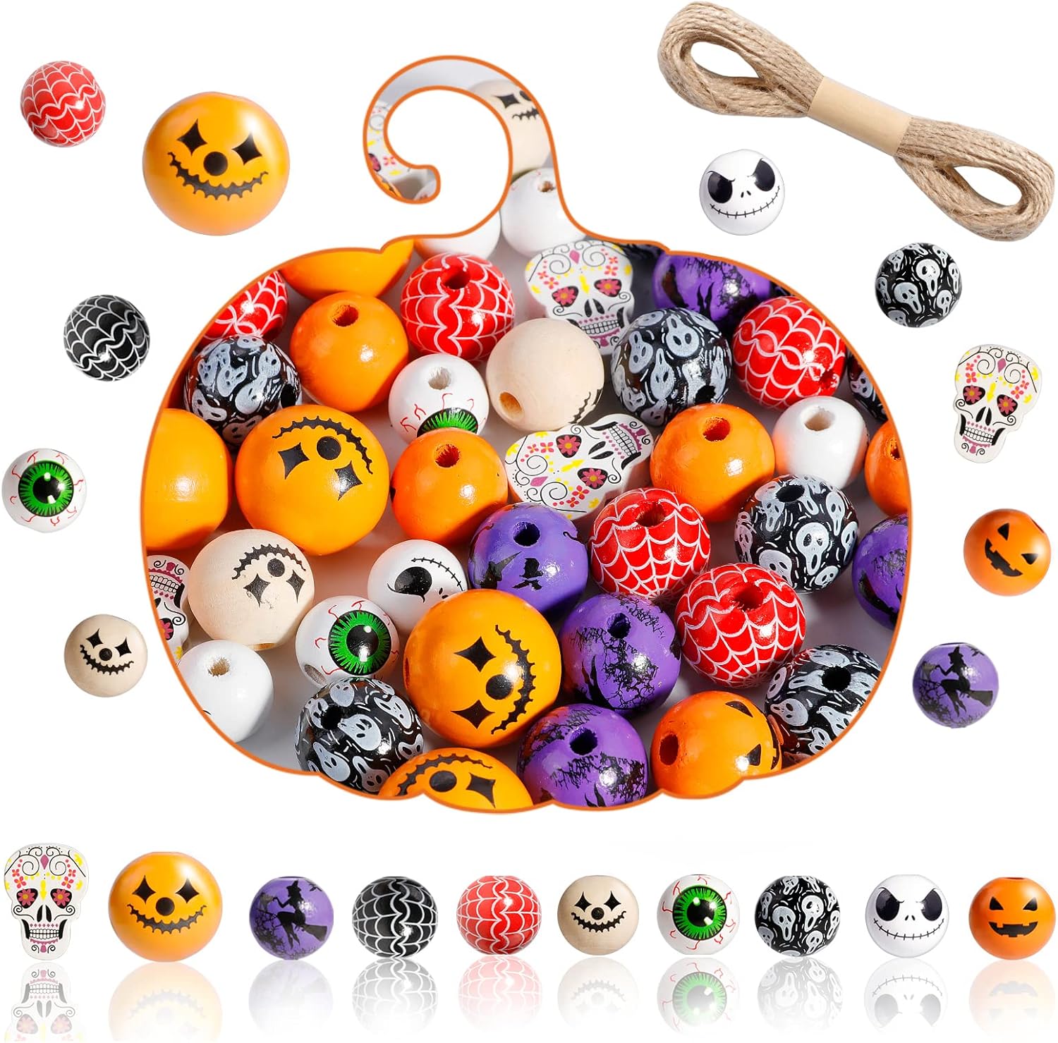 100 PCS Halloween Wooden Beads, 10 Styles Wood Beads for Crafts Round