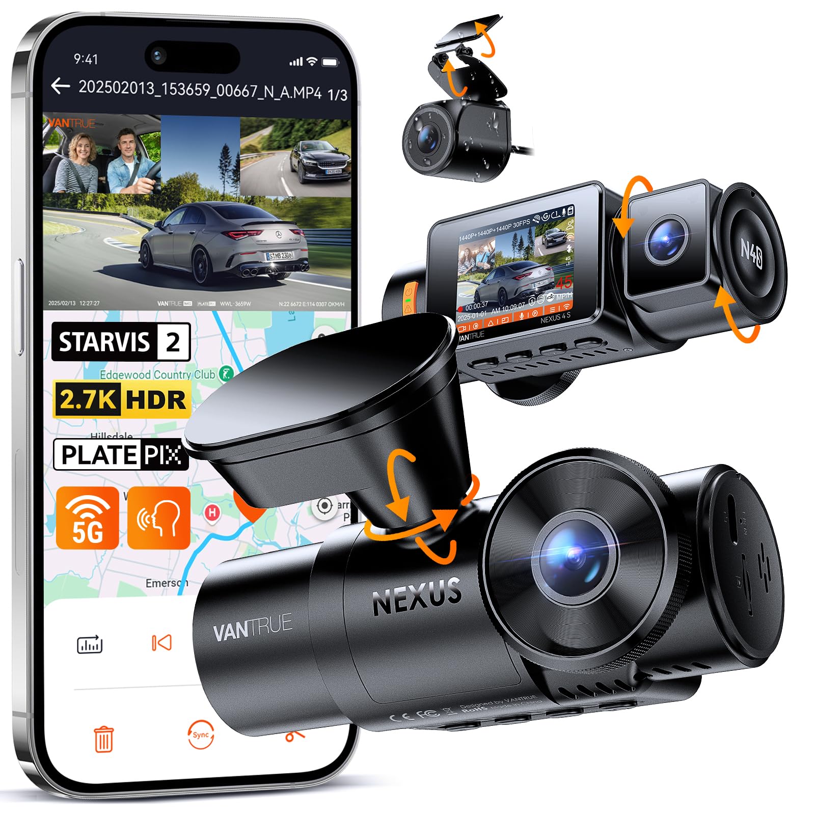 VANTRUE N4S 3 Kanal Dashcam 2.7K+2.5K+1440P STARVIS 2 HDR Nachtsicht 5GHz WLAN GPS 24h Parküberwachung G-Sensor