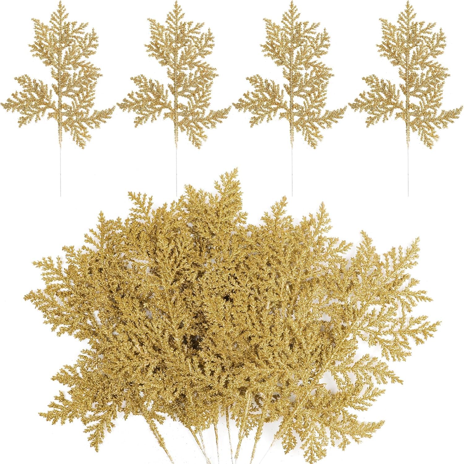 HNNFMY 24PCS Artificial Cedar Sprigs Picks Gold Glitter Faux Plants Indoor Mini Christmas Tree Gold Leaf Pine Branches Garland Real Touch for Fireplace Mantel Decor Christmas Decorations 10.2" โ image 1